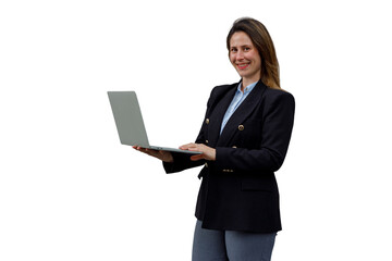 Businesswoman smiling, holding laptop, using technology in corporate, professional setting, transparent background
