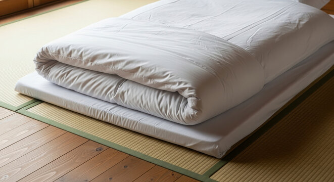 Comfortable Futon Mattress Laid Out On Tatami Flooring