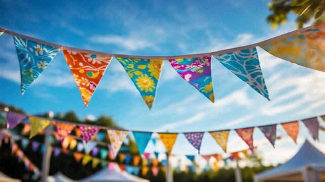 Colorful Festive Bunting Flags Against Blue Sky Background.