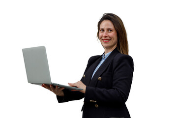 Professional businesswoman holding laptop, smiling, enjoying remote work and digital communication on transparent background