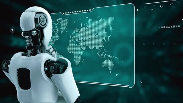 Thinking AI hominoid robot analyzing hologram screen shows concept of network global communication using artificial intelligence by machine learning process. 3D rendering computer graphic.