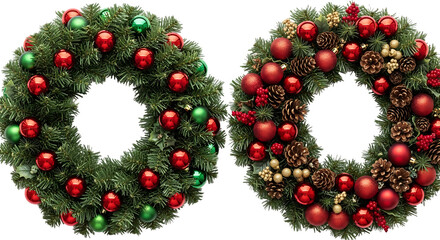 Festive christmas wreaths adorned with vibrant ornaments and pinecones, creating a joyful holiday atmosphere isolated on transparent background