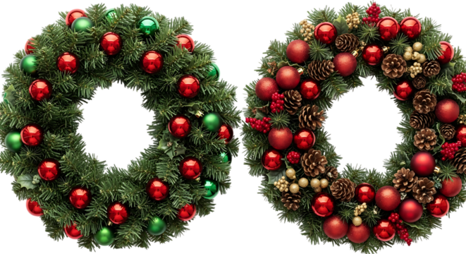 Festive christmas wreaths adorned with vibrant ornaments and pinecones, creating a joyful holiday atmosphere isolated on transparent background