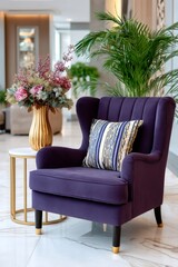 Fototapeta premium Purple velvet armchair adding accent to a modern lobby