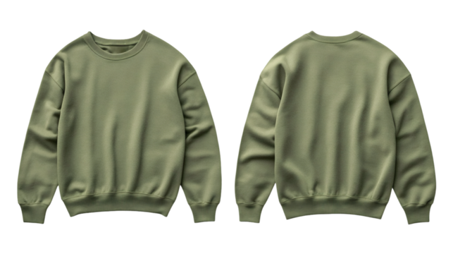 Plain army green sweater mockup featuring both front and back views, perfect for design presentations, customization, and branding on transparent background