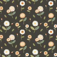 Seamless vector floral pattern with delicate pastel daisy flowers on a dark background.