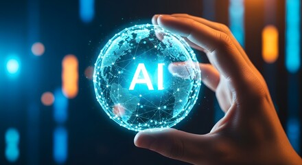Human hand interacting with a futuristic globe illuminated by advanced digital networks, representing the worldwide integration of AI and the promise of technological progress.
