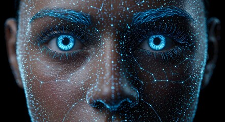 Close-up of a futuristic face with glowing blue eyes, intricate neural patterns, symbolizing AI and digital innovation.