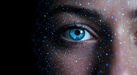 High-tech visual of a human face illuminated by blue light patterns, highlighting themes of AI, biotechnology, and the future.