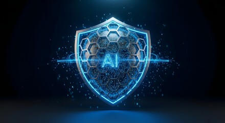 A glowing blue AI shield with circuits, symbolizing advanced digital security and protection against cyber threats.