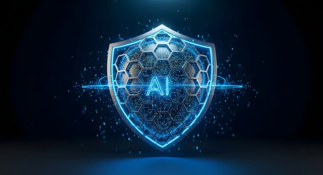 A glowing blue AI shield with circuits, symbolizing advanced digital security and protection against cyber threats.