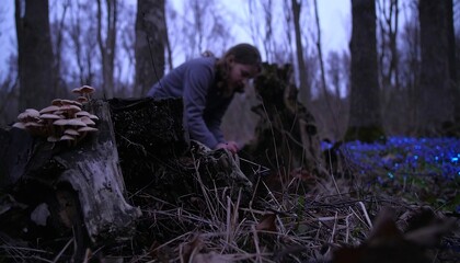 Person Observing Mushrooms Growing on a Tree Stump in a Forest