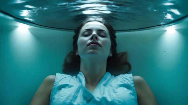 Woman Floating in Sensory Deprivation Tank, Relaxing.