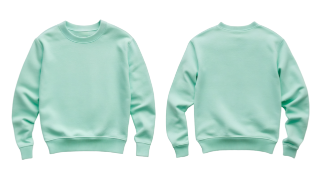 Plain mint sweater mockup featuring both front and back views, perfect for design presentations, customization, and branding on transparent background