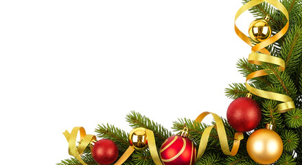 Festive christmas border with fir branches, red and golden baubles, and a golden ribbon isolated on transparent background for holiday season greetings