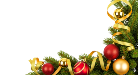 Festive christmas border with fir branches, red and golden baubles, and a golden ribbon isolated on transparent background for holiday season greetings
