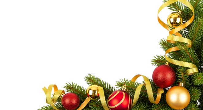 Festive christmas border with fir branches, red and golden baubles, and a golden ribbon isolated on transparent background for holiday season greetings