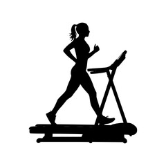 Silhouette of female athlete running on treadmill, isolated icon on white background.