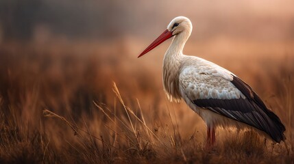 Fototapeta premium Stork stands in grassy field with a blurred, warm, sunrise background