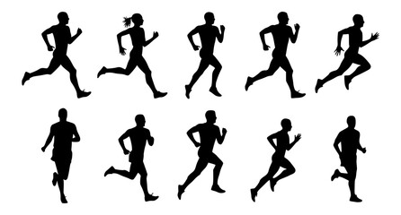 Run, running men and women, group of isolated vector silhouettes. Track and field athletes