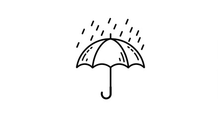 Simple black line drawing of an umbrella with rain drops.