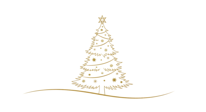 Elegant golden christmas tree isolated on transparent background, a minimalist and festive design for greeting cards and holiday decorations
