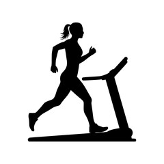 Silhouette of female athlete running on treadmill, isolated icon on white background.