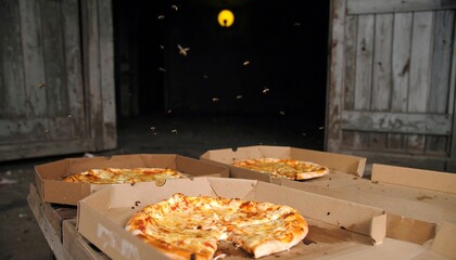 Pizza in Cardboard Boxes on a Table with Flying Insects