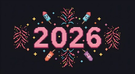New Year 2026 Celebration: A pixelated, festive design with 2026 at the center, vibrant fireworks and rockets burst joyfully, celebrating the dawn of a new year with a touch of digital artistry.