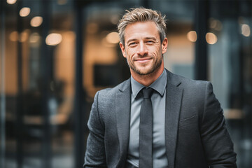 Stylish businessman in a suit smiling confidently outside a modern office building, embodying success and charisma.