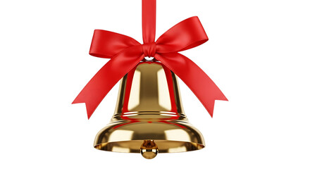 Golden christmas bell with a red bow isolated on transparent background, hanging from a ribbon, creating a festive and elegant holiday decoration