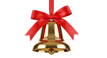 Golden christmas bell with a red bow isolated on transparent background, hanging from a ribbon, creating a festive and elegant holiday decoration