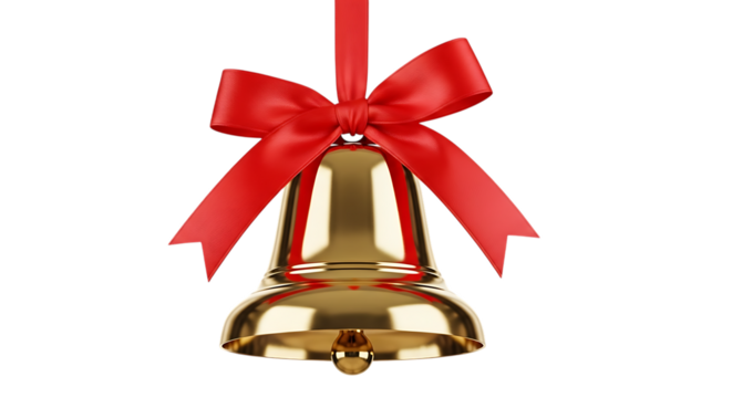 Golden christmas bell with a red bow isolated on transparent background, hanging from a ribbon, creating a festive and elegant holiday decoration