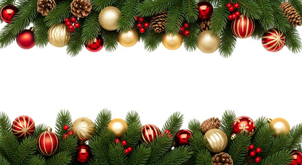 Christmas frame isolated on transparent background, featuring festive decorations with pine branches, ornaments, and pine cones for a holiday border