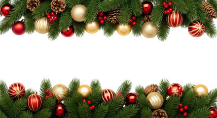 Christmas frame isolated on transparent background, featuring festive decorations with pine branches, ornaments, and pine cones for a holiday border