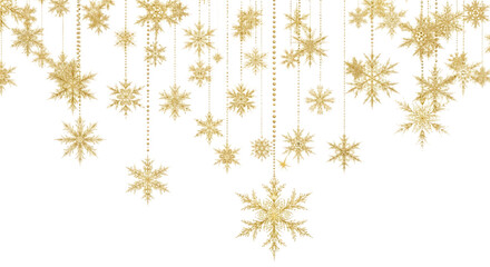 Elegant golden snowflakes hanging on transparent background, creating a festive and enchanting atmosphere, isolated on transparent background