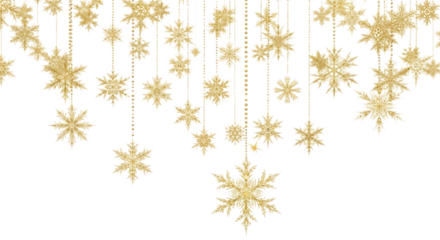 Elegant golden snowflakes hanging on transparent background, creating a festive and enchanting atmosphere, isolated on transparent background