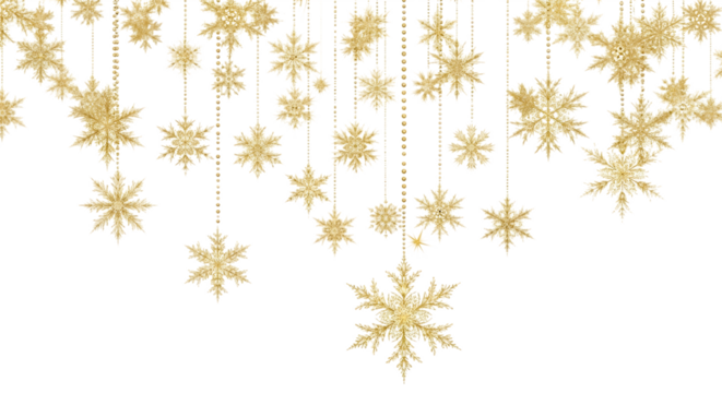 Elegant golden snowflakes hanging on transparent background, creating a festive and enchanting atmosphere, isolated on transparent background