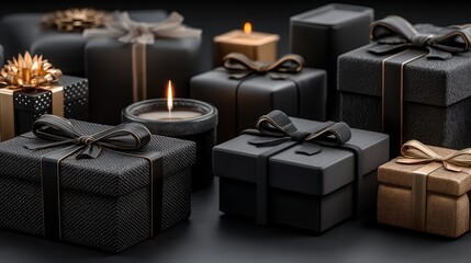 Elegant black and gold gift boxes with beautiful bows and warm candlelight create a luxurious and festive scene