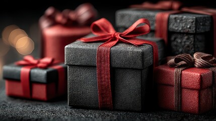 Festive black and red gift boxes wrapped with elegant ribbons await a special occasion against a backdrop of warm bokeh lights