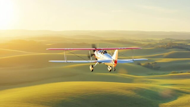 A small biplane (vintage style) - Nostalgic and classic - Flying low over an abstract, green field, reminiscent of early aviation - An idealized, pastoral landscape with gentle hills