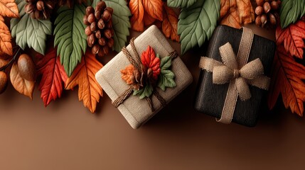 Fototapeta premium Two beautifully wrapped gift boxes are nestled among colorful autumn leaves pinecones and nuts on a warm brown background creating a festive seasonal display