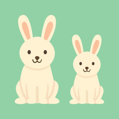 Illustration of two cute rabbits with sweet expressions sitting side by side on a green background, depicting warmth, friendship and cheerfulness.