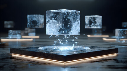 Shattering ice cube display 3d rendered