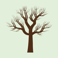 Illustration of a leafless tree with a dark brown trunk and many branched branches, on a light green background, suitable for autumn themes, nature, silhouettes and minimalist designs.