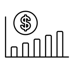 Line art of an upward-trending bar chart with a dollar sign, symbolizing continuous financial growth, increasing revenue, business success, and positive market trends