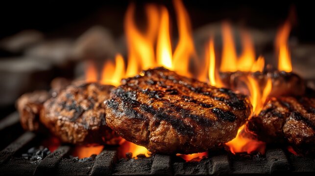 A close-up view of thick juicy hamburger patties cooking over an open flame on a barbecue grill getting perfectly seared with beautiful char marks