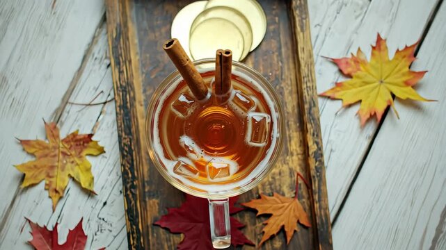 Top view iced tea with cinnamon sticks - Warm & Exotic - Cinnamon swirling in liquid - Rustic autumn-inspired table backdrop