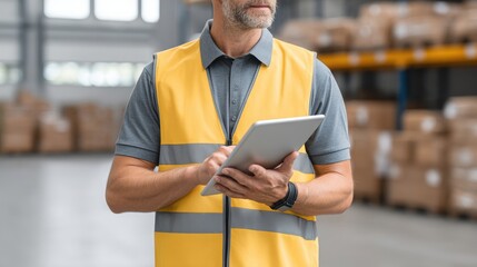 Professional worker in a warehouse using a tablet for inventory management.