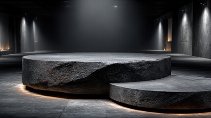 A rough stone podium stands on a concrete floor illuminated by spotlights in a dark minimalist hall